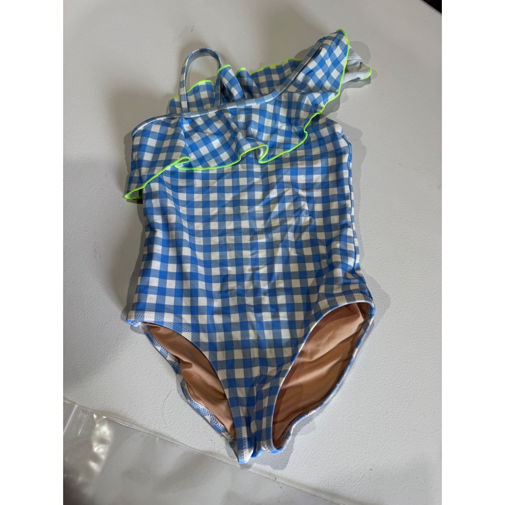 Crewcuts Girls Blue White Gingham Ruffle One Shoulder Swimsuit Size 6-7